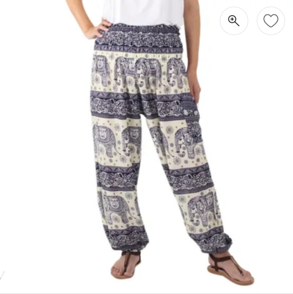100% Cotton Thailand Navy and White Elephant Print Harem Pants Small Boho